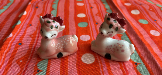 Darling miniature fawn figurines in pink and white set of 2