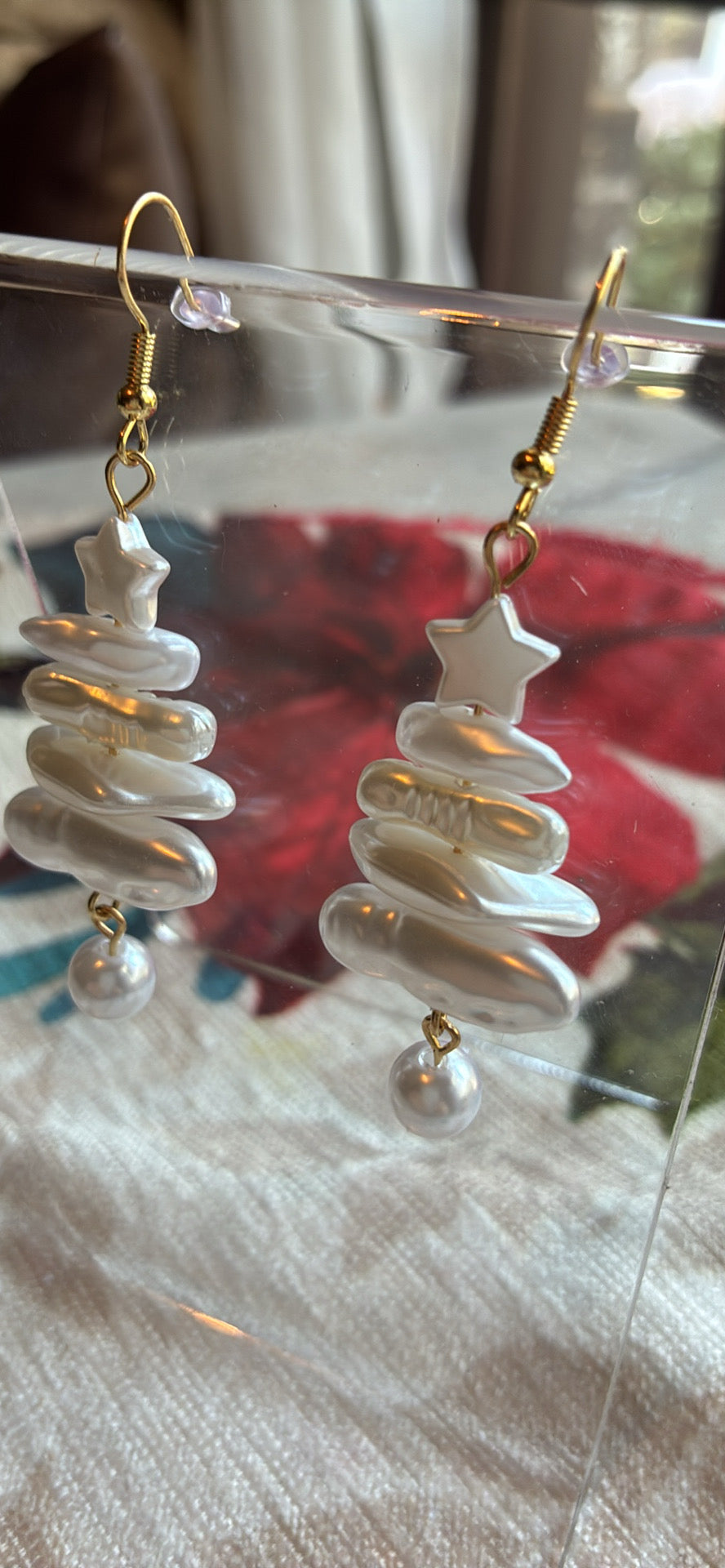 Stacked faux baroque pearl Christmas tree earrings