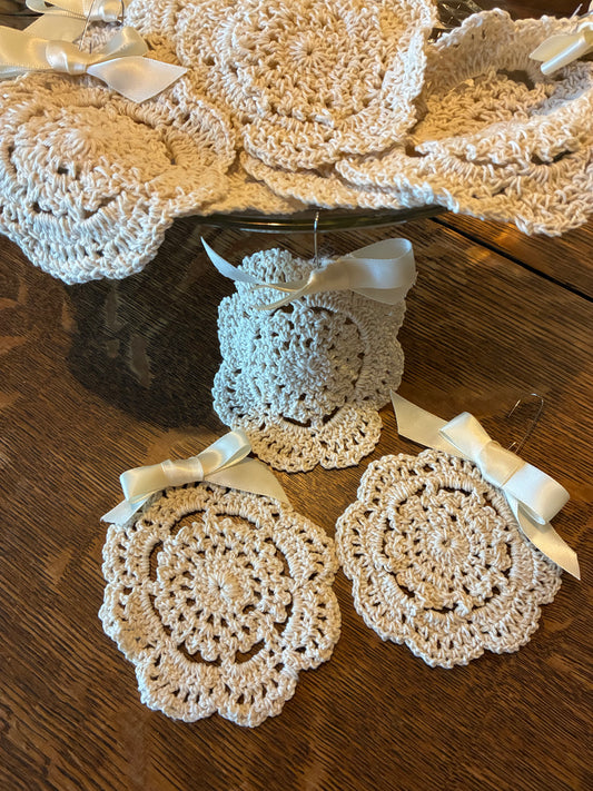 Beautiful hand made crochet ornaments with satin bows set of 10