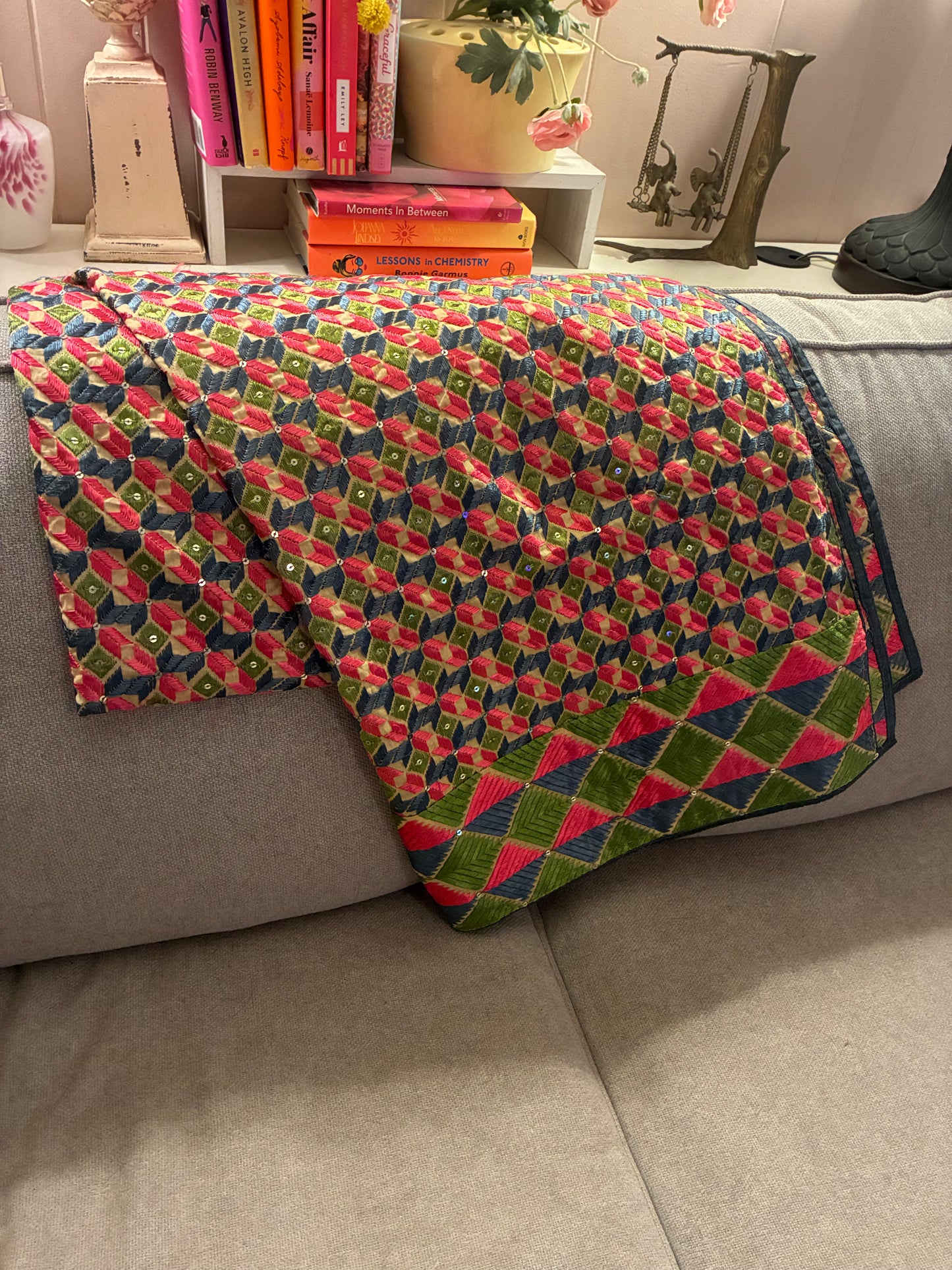 Khantha embroidered throw in pink and green