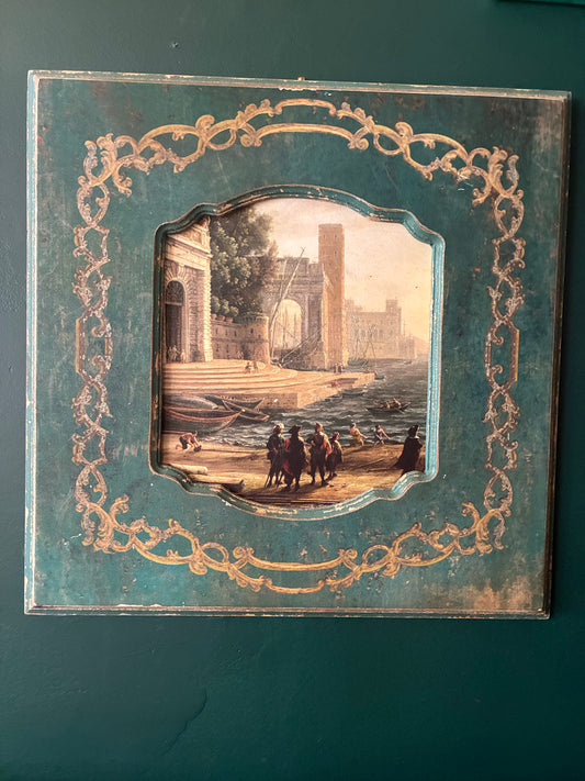 Capriccio reproduction art on wood in distressed teal & gold scrollwork frame
